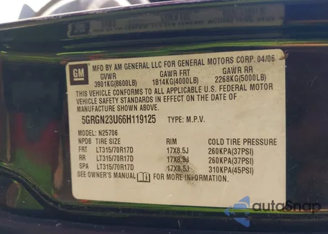 2006 Hummer H2 Suv from USA, damaged, VIN 5GRGN23U66H119125
